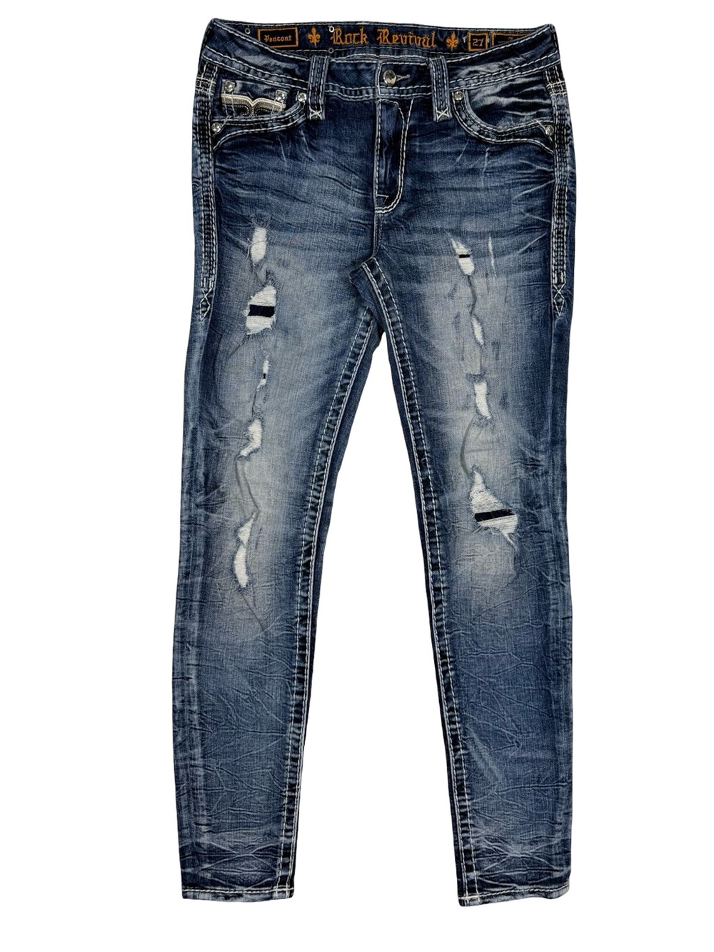 Rock Revival Womens 27 Peacoat Mid Rise Skinny Jeans Distressed Blue Y2K Western